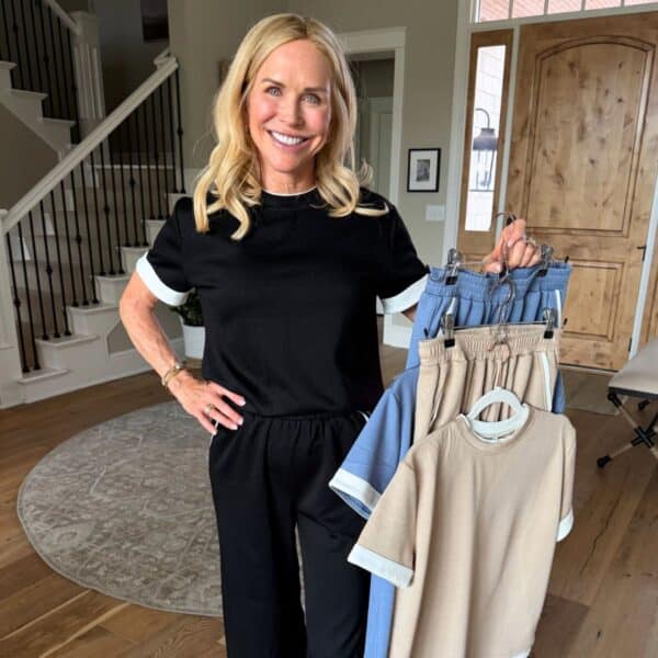 Woman over 50 wearing a comfortable and flattering matching set from Amazon outdoors