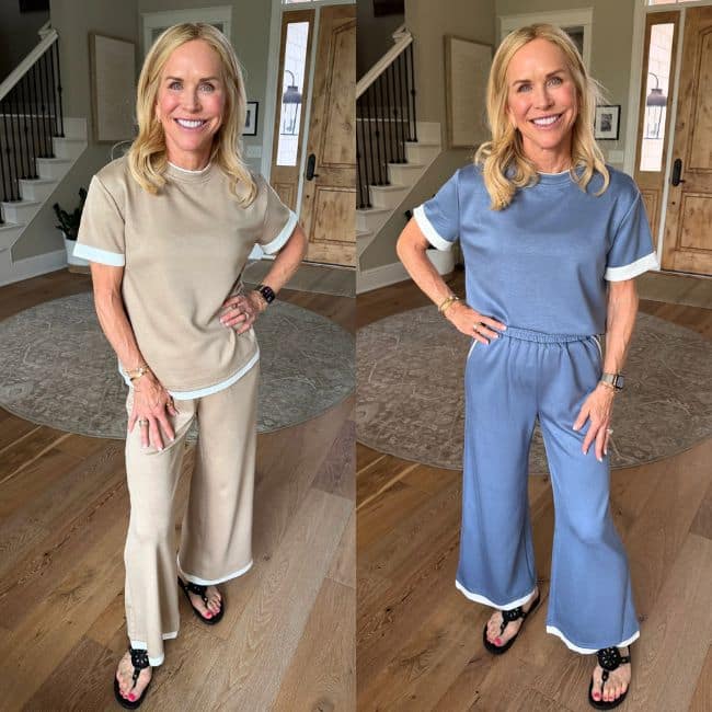 Flowy matching pants set for women over 50 styled casually outdoors