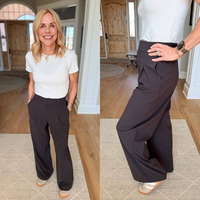 Athleta Pinnacle high rise wide leg trouser pants for women over 50, a polished athletic style