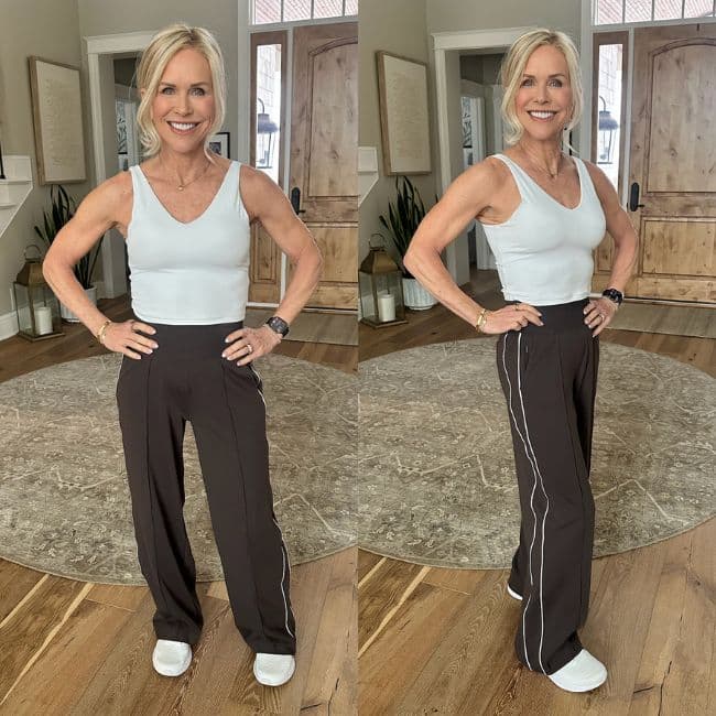 Athleta track wide leg pants for women over 50, a comfortable athletic style for workouts and beyond