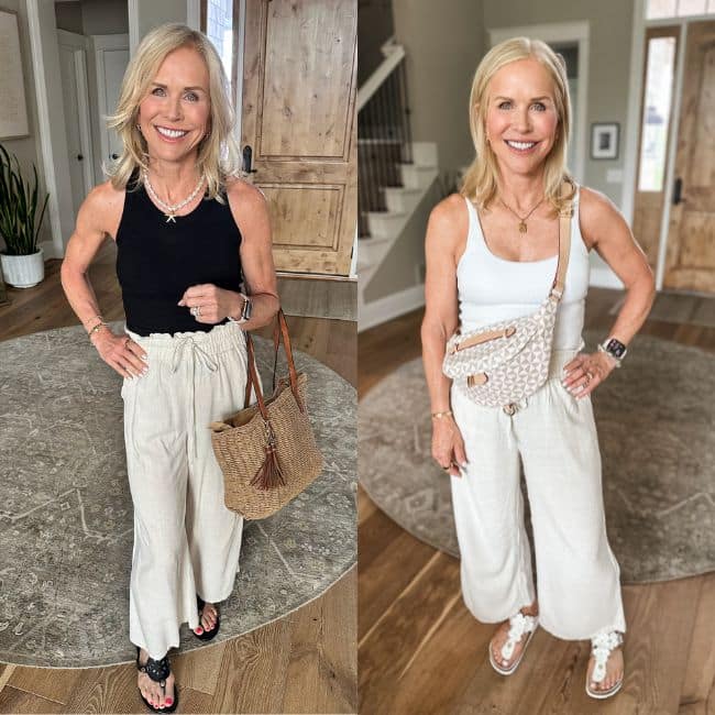Casual linen wide leg pants with drawstring waist for women over 50, a relaxed everyday style