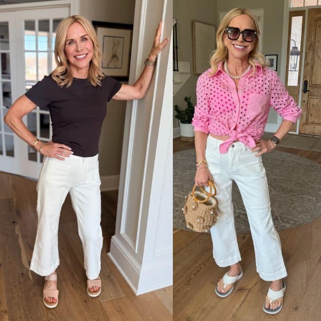 Luvamia cropped wide leg jeans for women over 50, shown in white and pink, a fun casual denim style