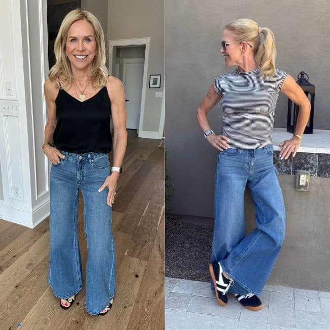 Quince palazzo wide leg jeans for women over 50, a flowy denim silhouette with a flattering high rise
