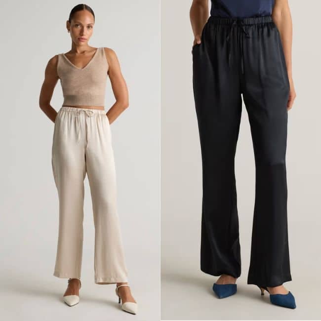 Washable silk drawstring wide leg pants for women over 50, a luxurious casual style that is easy to care for