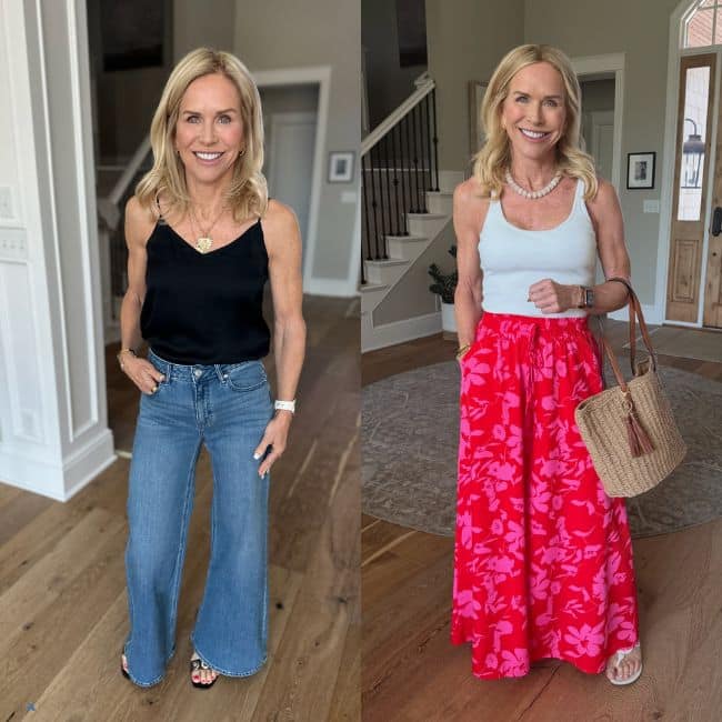 Woman over 50 in wide leg pants paired with a simple fitted tank top, demonstrating balanced proportions