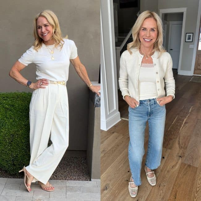Close-up of wide leg pants over 50 styled with a block heel mule and cropped wide leg pants with flats.