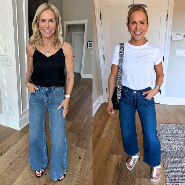 Side-by-side of ankle-length wide leg pants and floor-length wide leg pants on a woman over 50 showing the difference in styling
