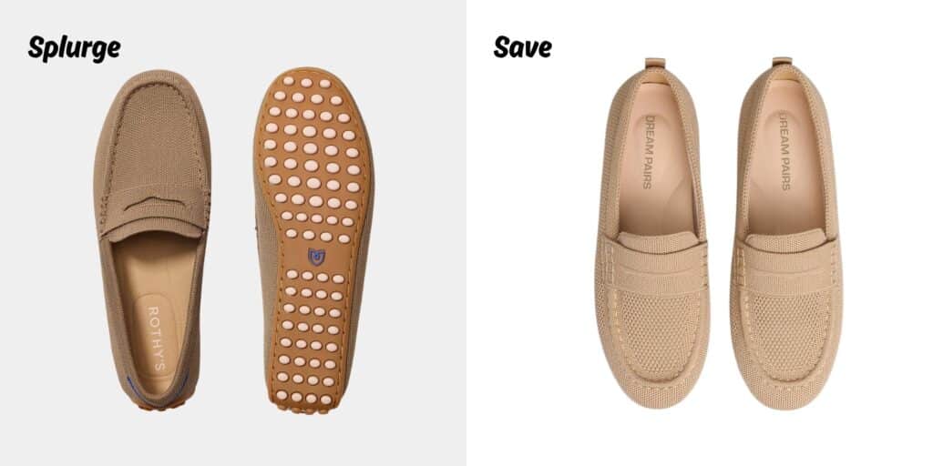 rothys the daily driver loafer and amazon dream pairs loafer next to eachother for save vs splurge image