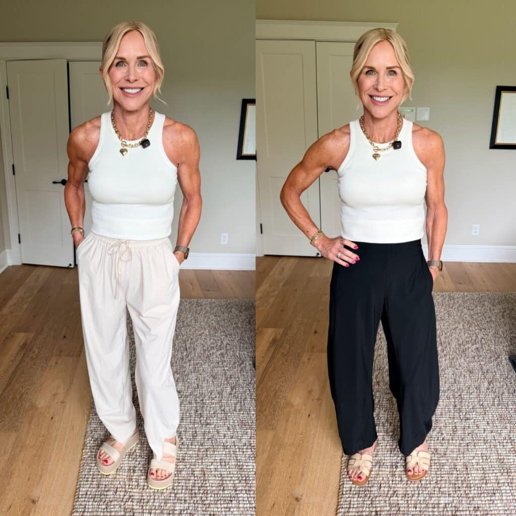 Tulip hem wide leg pants showing the curved hem detail at the ankle
