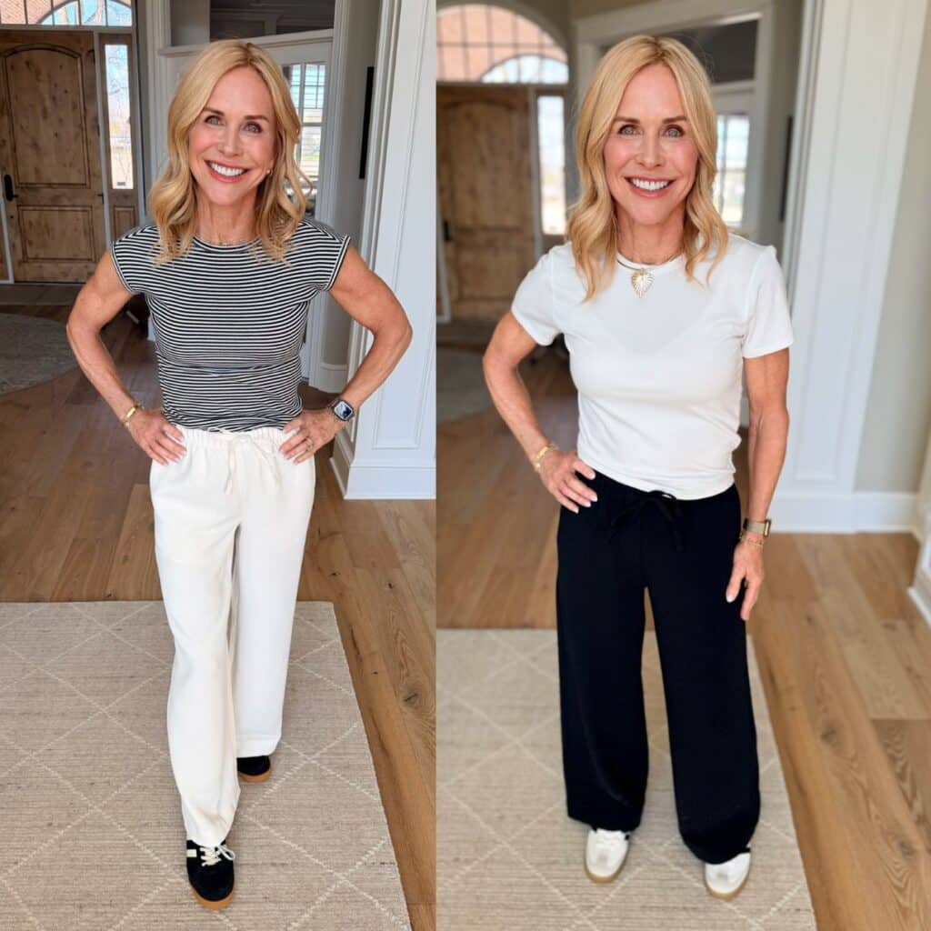 Aritzia Lodge pants styled with a fitted tee, a soft everyday pant for midlife women