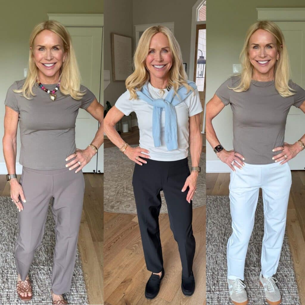 Athleta Endless Pant high rise pull-on pants in black on a woman over 50