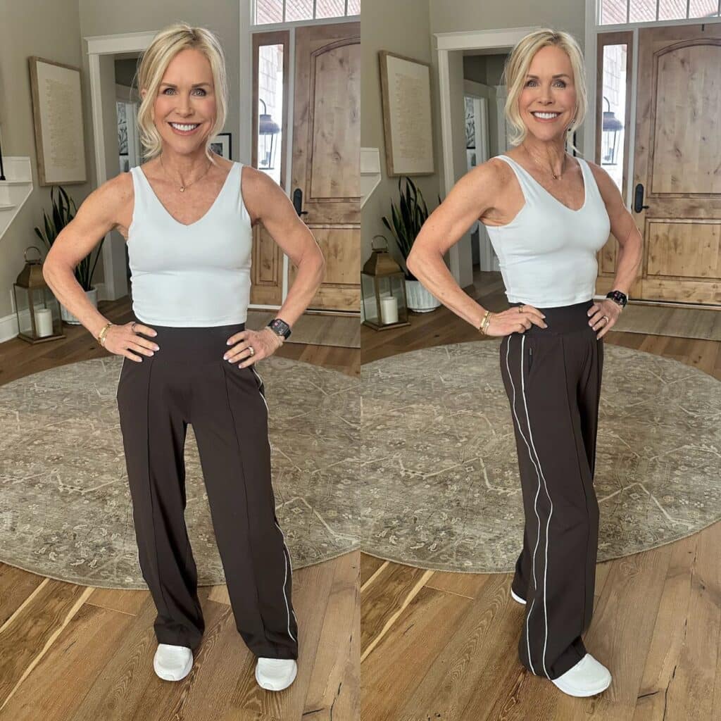 Athleta wide leg track pant styled with sneakers for a relaxed everyday look