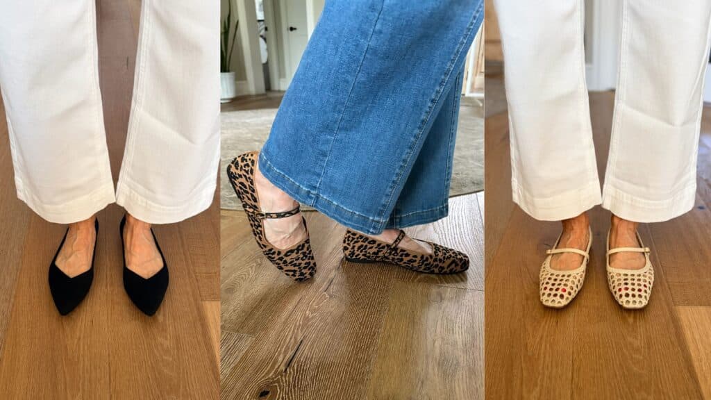 Collage of ballet flats with mary jane straps and cushioned footbeds for fall