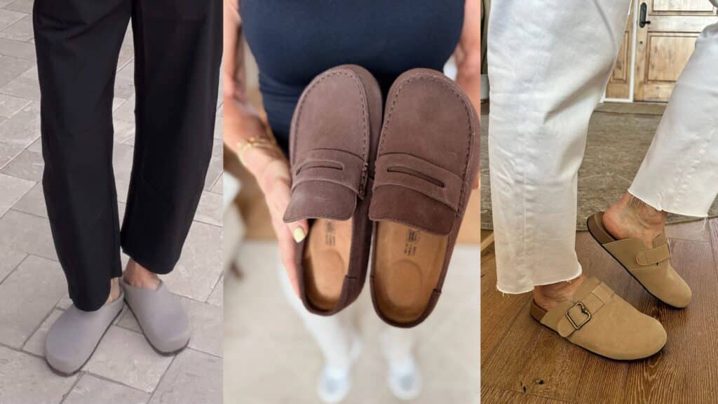 Collage of Birkenstock-inspired clogs in suede and leather with supportive footbeds for fall