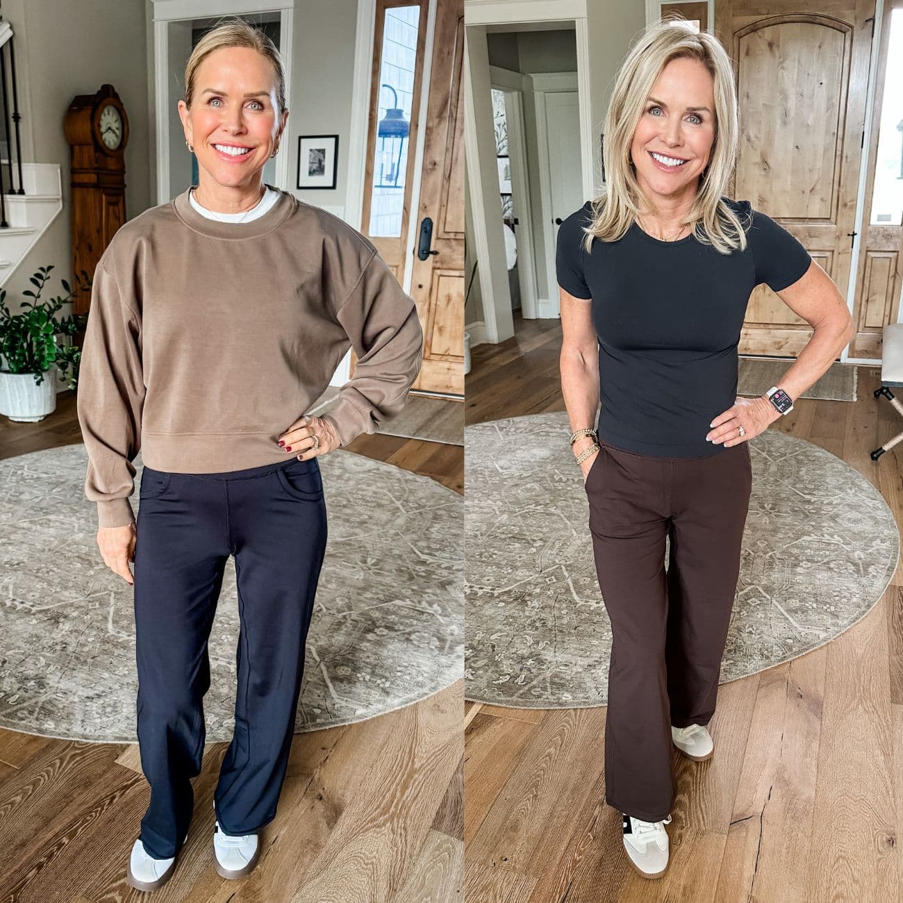 Athleta Endless Pant high rise pull-on pants in black on a woman over 50