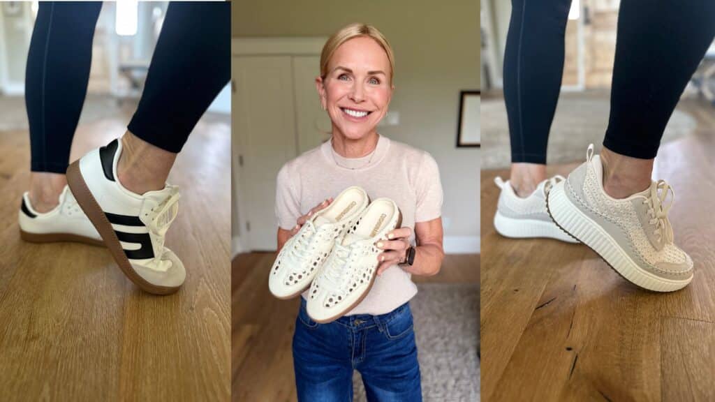 Collage of retro low-profile sneakers in suede and leather for fall walking outfits