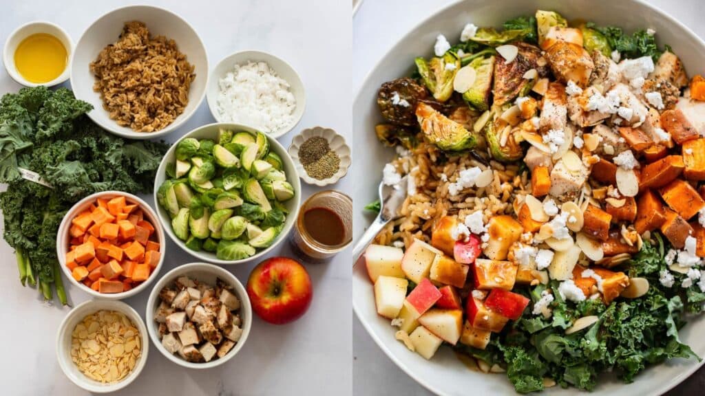 Harvest bowl with roasted vegetables, grains, and leafy greens in a white bowl