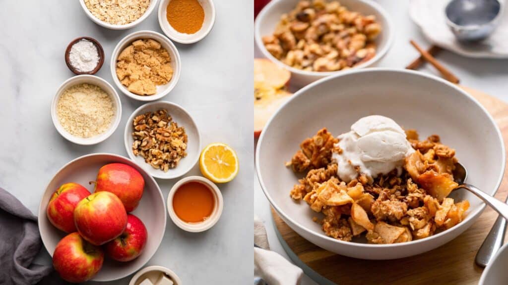 Baked apple crisp in a dish with a golden oat crumble topping