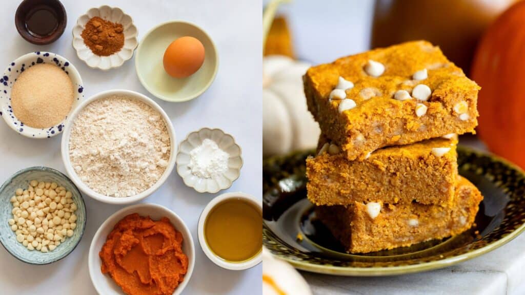Sliced pumpkin blondies stacked on a plate