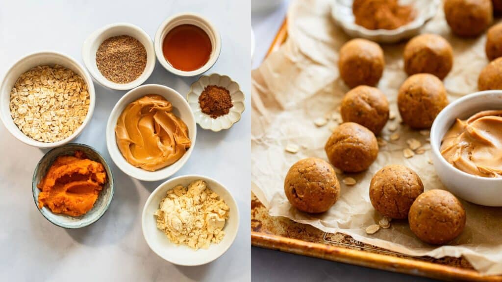Stack of healthy pumpkin protein balls on a parchment-lined tray