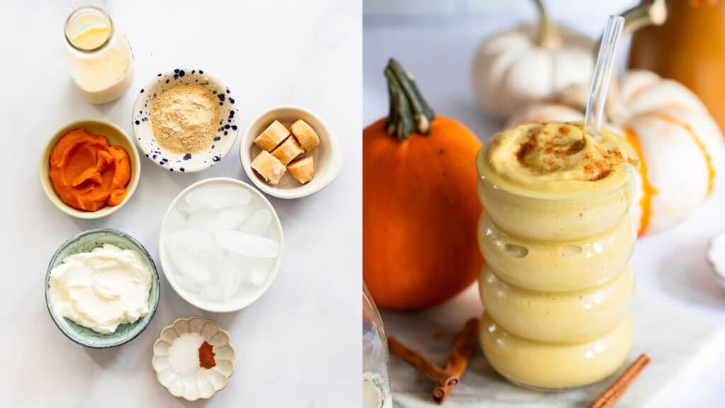Pumpkin smoothie in a glass topped with whipped cream and a dash of cinnamon