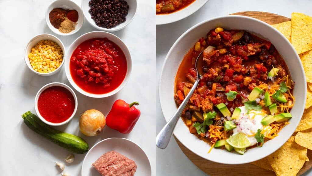 Bowl of veggie-loaded turkey chili with beans and peppers, ready to eat