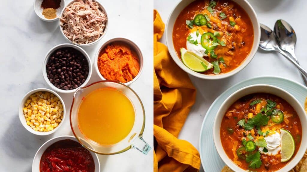 Bowl of southwestern chicken soup with shredded chicken, corn, and avocado