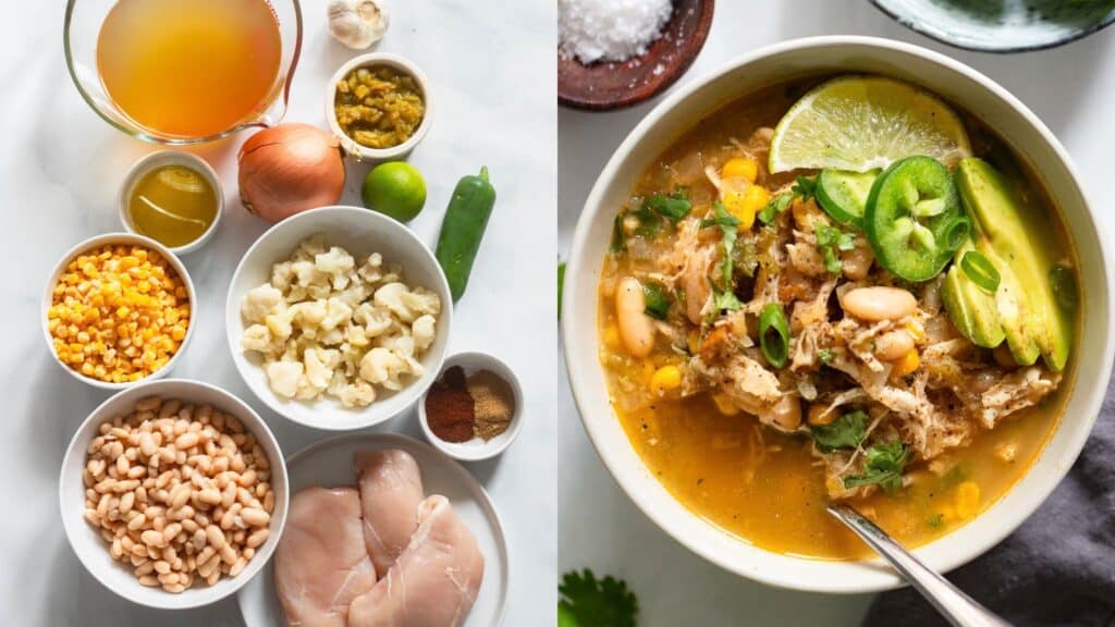 Bowl of healthy white chicken chili topped with cilantro and a lime wedge