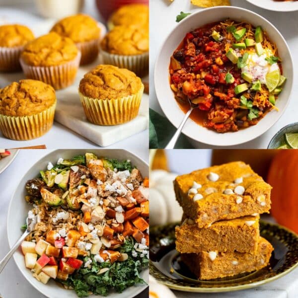 Collage of healthy fall recipes including pumpkin protein balls, white chicken chili, and apple crisp