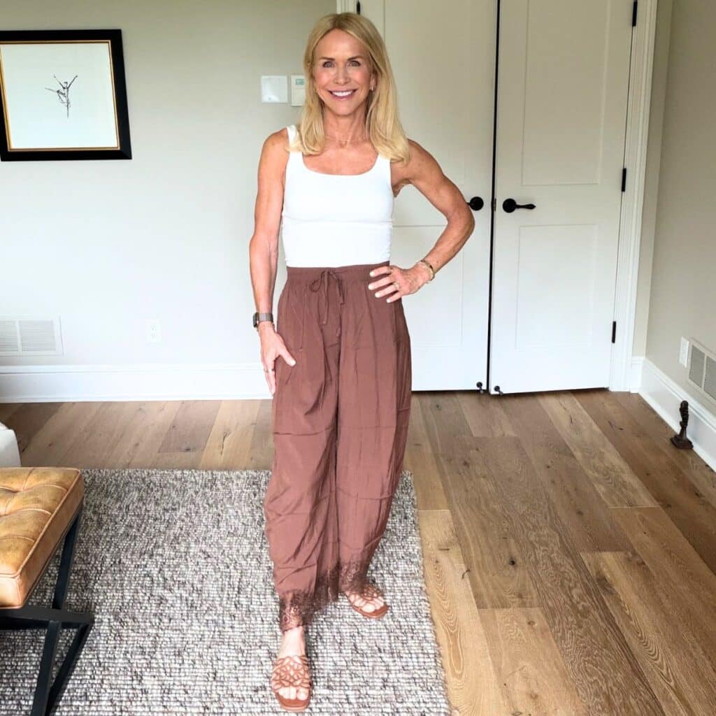 Lace hem pants from Amazon, an Anthropologie lookalike styled with a fitted knit