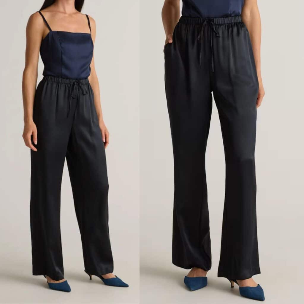 100 percent washable silk drawstring wide leg pants styled with a flat shoe