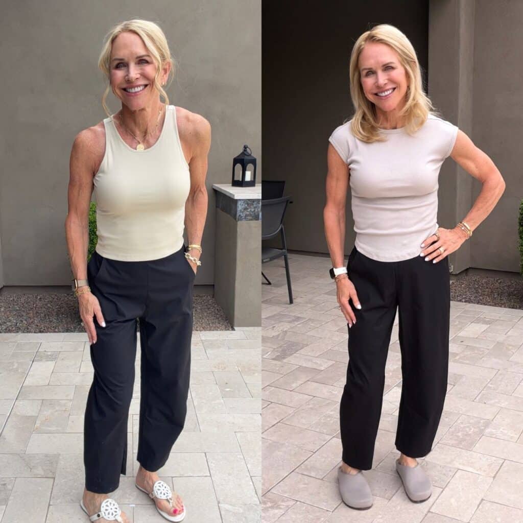 Amazon Ruti lookalike barrel pants with a tucked fitted tee on a woman over 50
