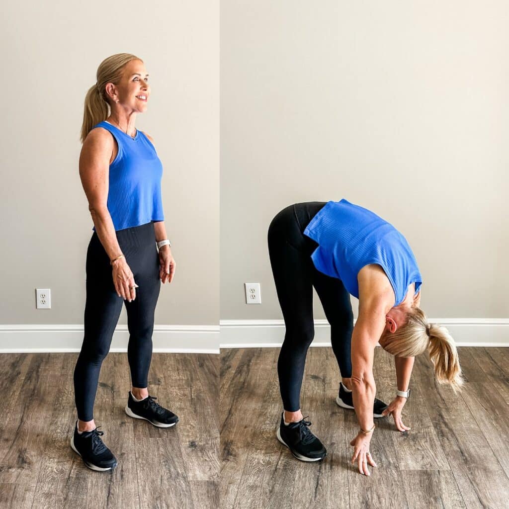 Woman in her 60s in a standing forward fold with soft knees, stretching hamstrings and calves after a walk