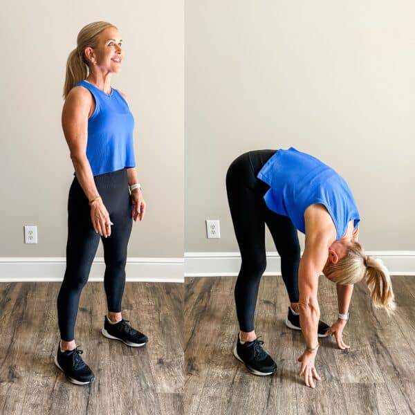 Chris Freytag, a trainer in her 60s, stretching in a low lunge outdoors after her daily walk