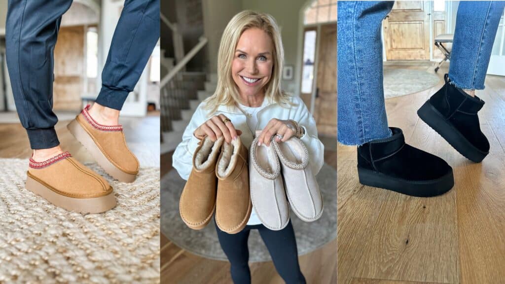 Collage of shearling-lined boots and clog slippers with rubber soles for winter