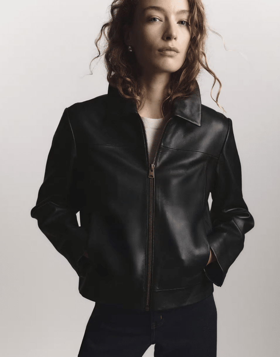 100% Leather Cropped Zip-Front Jacket