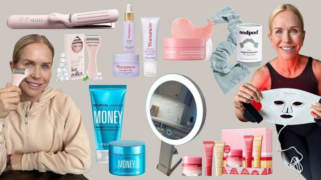 Collage of beauty gift ideas including COLOR WOW Money Masque, Laneige lip mask, a silk pillowcase, a face roller, under eye patches, and a red light therapy mask