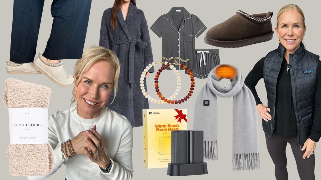 Collage of cozy holiday gifts including plush slippers, cooling pajamas, a robe, a beaded necklace, a heated vest and scarf, hand warmers, and fuzzy socks