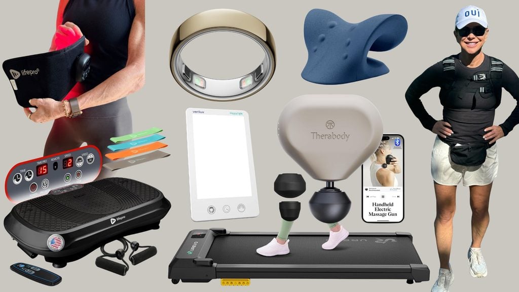 Collage of fitness and wellness gift ideas including the Oura Ring, a UREVO walking pad, a weighted vest, a TheraGun Mini, a vibration plate, and a Verilux HappyLight