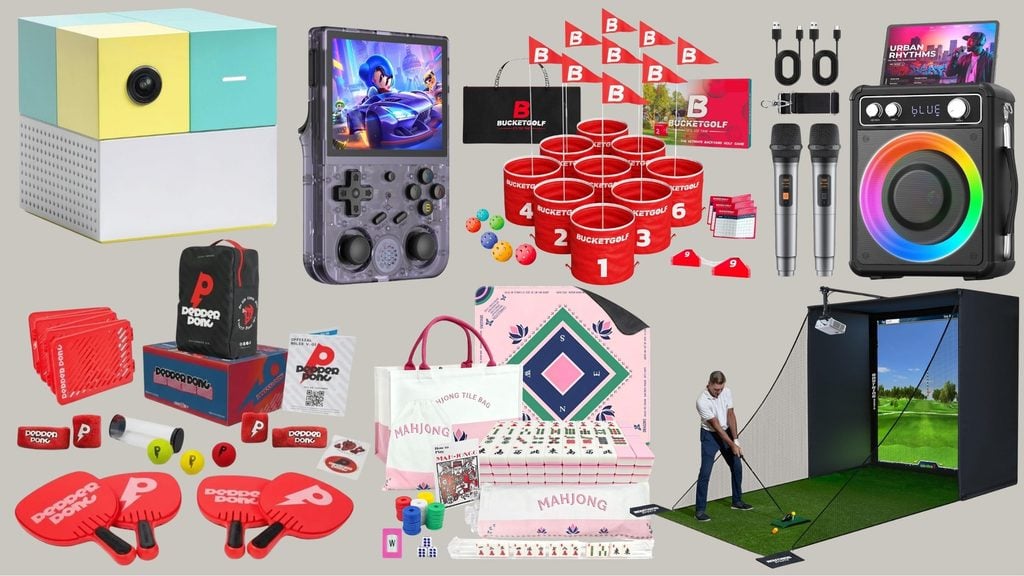Collage of family game and entertainment gifts including a NEX Playground system, Bucketgolf, a mahjong set, party card games, and a home golf simulator