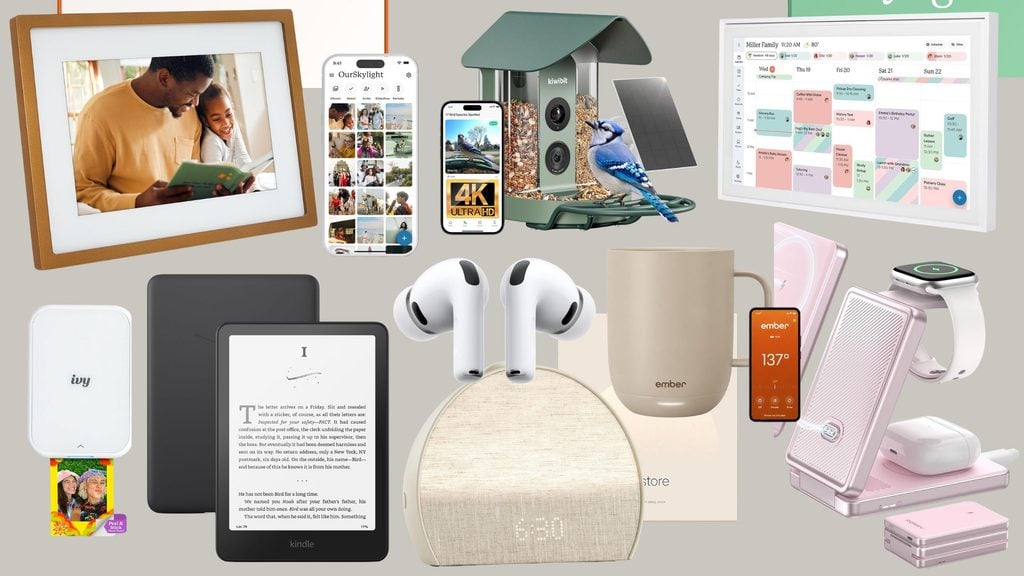 Collage of tech gift ideas including a Skylight frame and calendar, a Kindle, a Hatch alarm clock, AirPods, an Ember mug, and a bird feeder with a camera